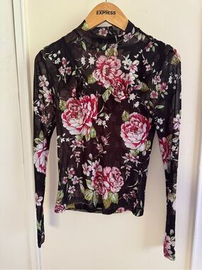popjulia Black Floral Sheer Mesh Ruffle High Neck Long Sleeve Top Size M